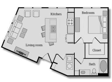 Floor plan for 1 bed, 1 bath, 771 sqft